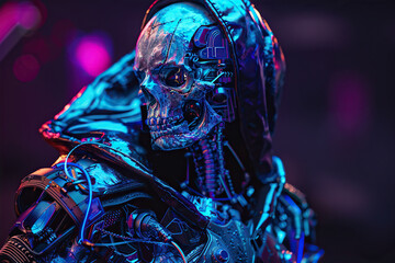 Scary grim reaper with sharp scythe in hell with dark dramatic color, abstract vivid composition consists of fictional unreal fantastic vision on background