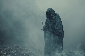 Scary grim reaper with sharp scythe in hell with dark dramatic color, abstract vivid composition consists of fictional unreal fantastic vision on background