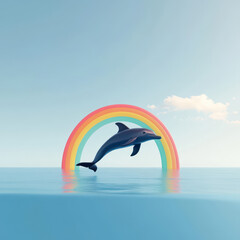 dolphin jumps through colorful rainbow in serene ocean scene