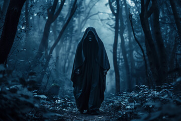 Scary grim reaper with sharp scythe in hell with dark dramatic color, abstract vivid composition consists of fictional unreal fantastic vision on background