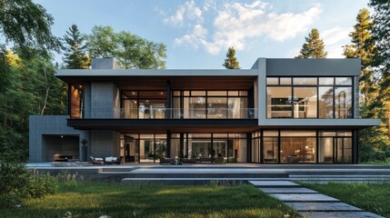 Obraz premium Modern luxury house with large windows, patio, and forest view.