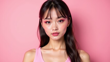 Fototapeta premium A radiant young Asian woman gazes directly, her dark hair framing a heart-shaped face with subtle pink eyeshadow and a hint of a smile, set against a vibrant pink backdrop