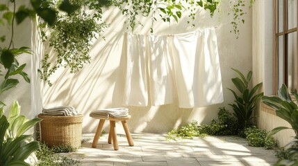 A calm, airy scene with white laundry hanging outside, wooden stool with a woven basket, and lush greenery, evoking home comfort.