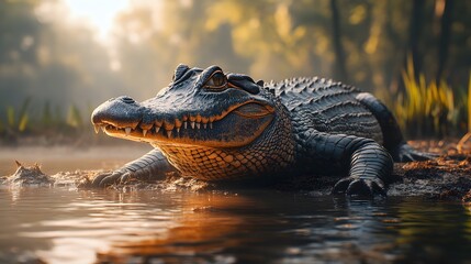 Obraz premium Wildlife photo captures crocodile's side profile by riverbank, showing detailed scales and natural habitat with cinematic composition