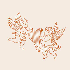 Two cherubs holding a harp. Vintage style.