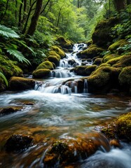 Obraz premium Emerald Stream Flowing Through a Verdant Forest Cascade