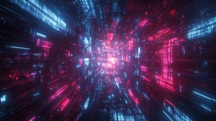 Obraz premium Abstract digital tunnel with glowing pink and blue lines, creating a futuristic, high-tech background.