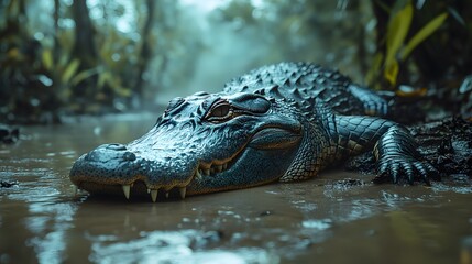 Fototapeta premium Wildlife photo captures crocodile's side profile by riverbank, showing detailed scales and natural habitat with cinematic composition