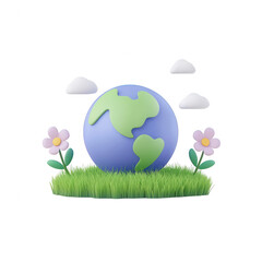 Naklejka premium A colorful representation of Earth surrounded by flowers and clouds., isolated on a transparent background.