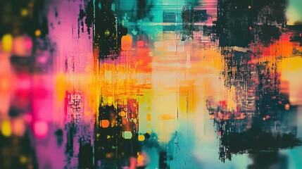 Obraz premium Abstract vibrant glitch art with bright colors and textured brushstrokes.