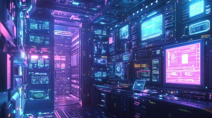Obraz premium Futuristic server room with glowing screens and digital interfaces.