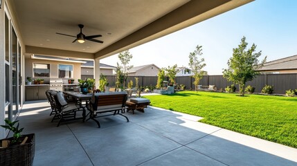 Covered patio with outdoor furniture overlooking a lush green lawn and backyard.