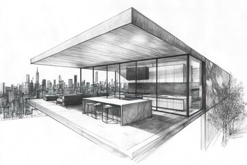 Rooftop penthouse kitchen and lounge architectural sketch overlooking city skyline.