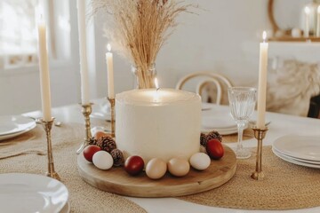 Traditional Easter paska cake surrounded by colorful eggs and candles on a festive table setting