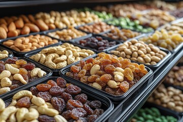 Obraz premium Assortment of dried fruits and nuts on display in a market setting