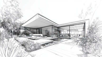 Architectural sketch of modern house with pool and landscaping. (1)