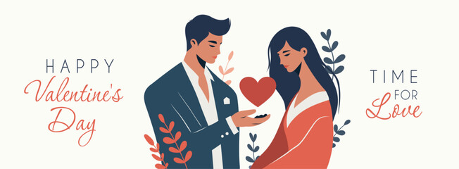 Horizontal postcard with Valentine's Day. Lovers. Young man gives a heart to a woman, symbolizing love, romance, care. Vector bright flat illustration for love sites, dating apps, posters, banners