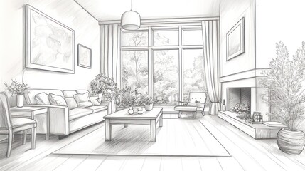 Sketch of a bright living room with large windows, fireplace, and comfortable furniture.