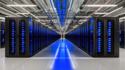 Fototapeta premium Rows of servers in a modern data center with blue lights.