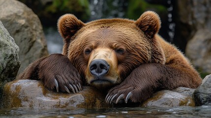 Obraz premium An impressive portrayal of a brown bear reveals its strong presence, with a penetrating gaze that emphasizes the majesty of this incredible creature.