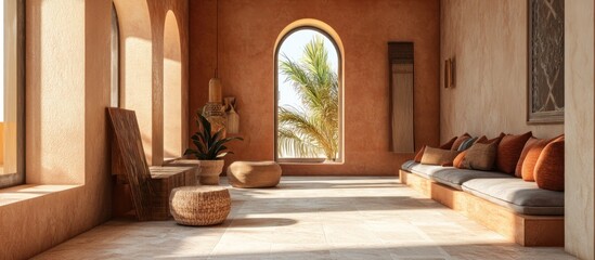 Sunlit bohemian lounge with arched windows, wooden platform seating, and terracotta walls.