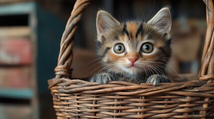 Adorable Kitten in a Wicker Basket