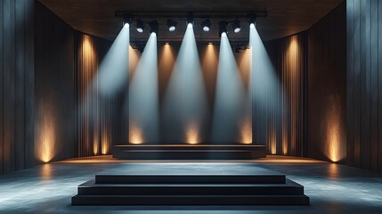 Professional stage setup displays metal truss system, white spotlight beams, black steps, wooden platform, and theatrical curtains in modern entertainment venue.