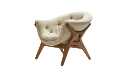 Elegant mid-century modern chair with plush upholstery, showcasing a unique design and warm wooden frame on transparent background