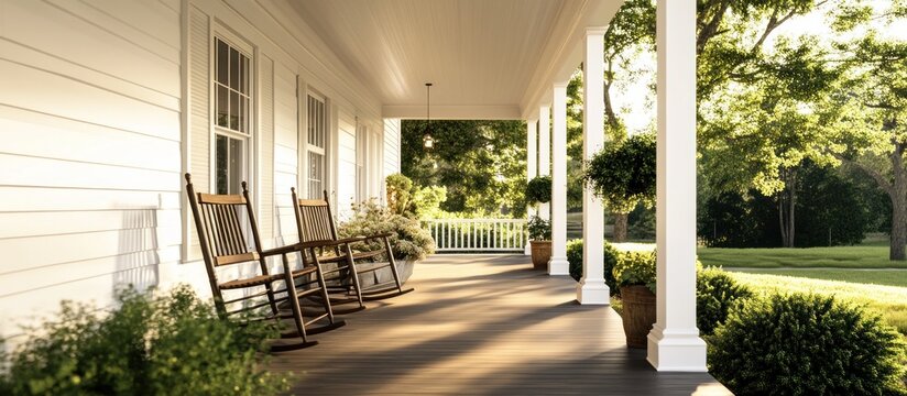 Sunny porch of a white house with rocking chairs, potted plants, and green lawn.