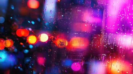 Rainy night city bokeh lights blurred through wet window.