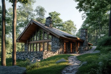 A charming stone and wood mountain retreat with a sloped roof, expansive windows, and a trail leading into the woods