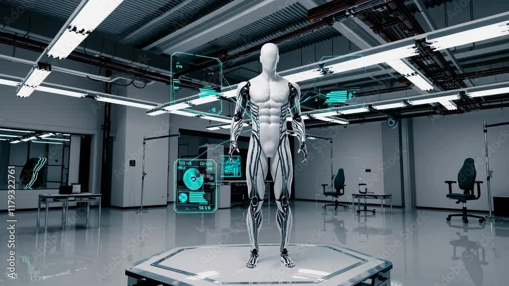 Poster advanced robotics in a high-tech laboratory demonstrates human-like functionalities and cutting-edge