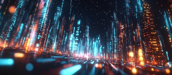 Fototapeta premium Futuristic city at night with glowing skyscrapers and digital particles.