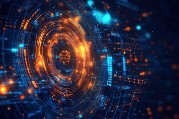 Obraz premium Abstract digital technology background with glowing circular patterns and data streams in orange and blue hues.
