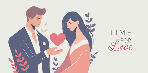 Valentine's Day card. Lovers. Young man gives a heart to a woman, symbolizing love, romance, care. Vector flat illustration for love sites, dating apps, posters, banners. Characters are depicted
