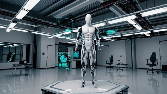Advanced robotics in a high-tech laboratory demonstrates human-like functionalities and cutting-edge technology integration