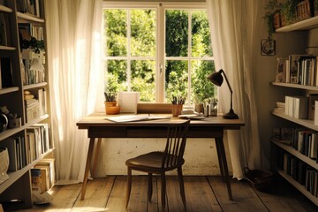 Fototapeta premium Sunlit home office with wooden desk, chair, bookshelves, and window view.