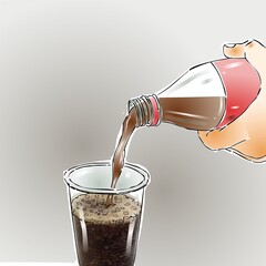 A hand pours a fizzy drink from a bottle into a clear plastic cup, creating bubbles on the surface. The liquid flows smoothly, capturing the dynamic motion of the pouring action.