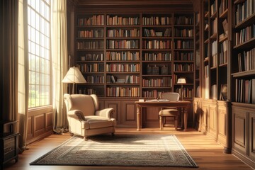 Sunlit library with bookshelves, armchair, desk, and rug.