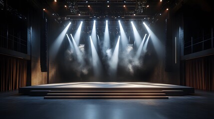 Professional stage setup displays metal truss system, white spotlight beams, black steps, wooden platform, and theatrical curtains in modern entertainment venue.