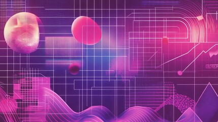 Abstract purple and pink digital art with geometric shapes, lines, and waves.