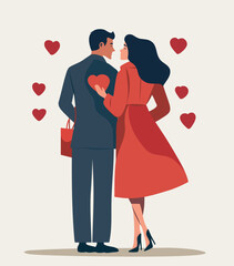 Vector flat postcard with Valentine's Day. Man in suit and woman in dress walk and hug, symbolizing love, romance and care. Lovers. For love sites, invitations, dating apps, posters, banners