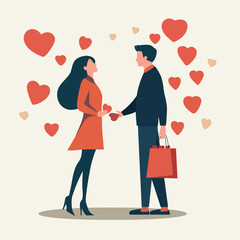 Vector flat card with Valentine's Day. Lovers. A guy and a girl give their hearts to each other, symbolizing love, romance and care. For love sites, invitations, dating apps, posters, banners