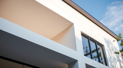 Obraz premium Exterior view of a modern building featuring white stucco walls, a dark gray overhang, and large dark-framed windows. A small balcony is partially visible. The sky is bright blue.