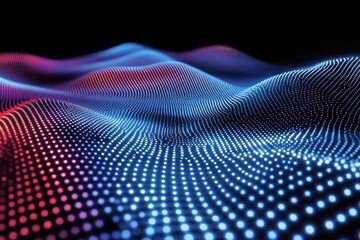 Abstract digital landscape with glowing particles forming wavy surface, red and blue color scheme.