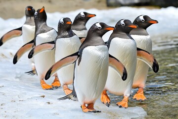 Fototapeta premium A colony of gentoo penguins waddling clumsily across an Antarctic ice shelf