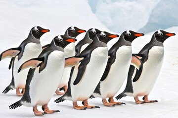 Obraz premium A colony of gentoo penguins waddling clumsily across an Antarctic ice shelf