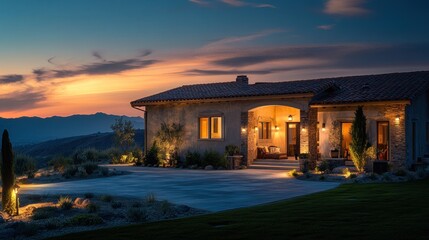 Obraz premium Tuscan-style home at sunset with landscape lighting.