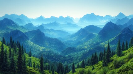 Fototapeta premium Serene mountain landscape with lush greenery and distant peaks under a soft blue sky.