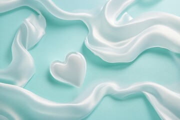 Obraz premium White heart-shaped object on flowing white silk fabric against a light blue background.
